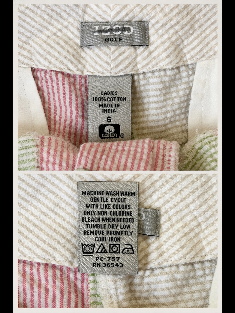 IZOD Golf Patchwork Seersucker Shorts | 100% Cotton | Pastel Pink Green | Size 6 - Picture 6 of 16
